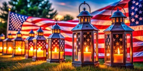Obraz premium Patriotic Lanterns Glowing in Grass with American Flag