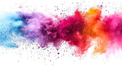Colorful powder explosion on white background, abstract color burst in blue, purple, pink, red, and orange. Vibrant creativity and festival celebration concept.
