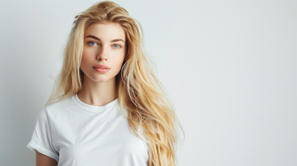Naklejka premium Natural portrait of a beautiful young woman with long blonde hair and blue eyes, wearing a white t-shirt on a plain background