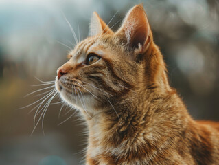 Fototapeta premium A cat with a long tail and orange fur is looking up at the camera