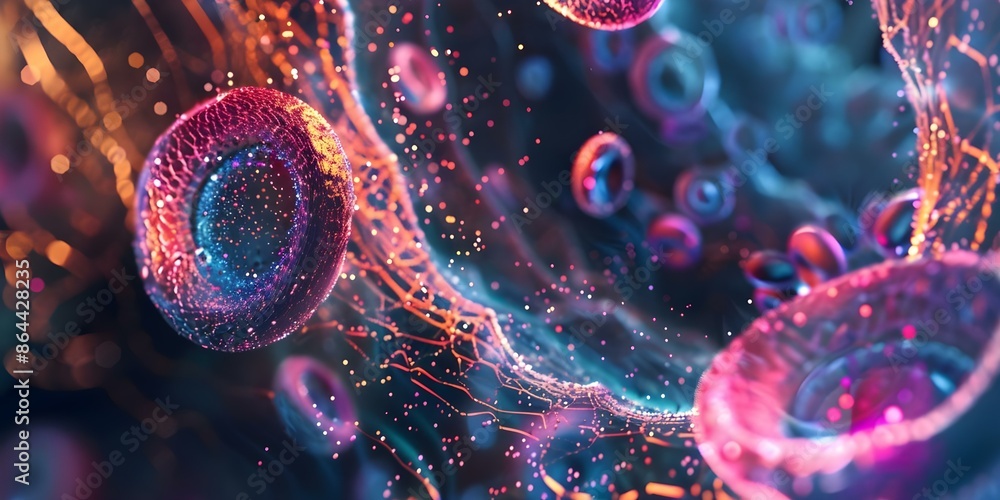 Poster microscopic view of cell structure biology and microbiology concepts in abstract form. concept micro
