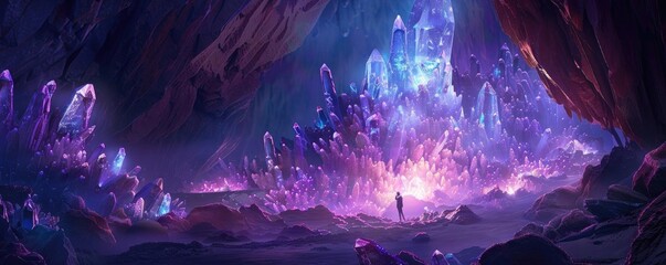 Fototapeta premium A mesmerizing digital artwork featuring a lone figure standing in a cave illuminated by glowing purple and blue crystals.
