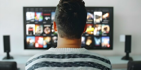 Choosing TV shows for evening entertainment at home. Concept Comedy Series, Thriller Shows, Cooking Competitions, Sci-fi Sagas, Period Dramas