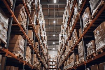 Warehouse with stacked cardboard boxes