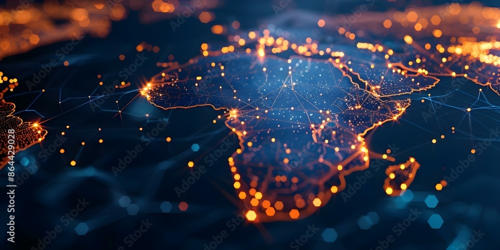 Poster darkthemed africa network map showing connected server nodes on a background. concept dark theme, af
