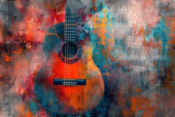 Vibrant image of an acoustic guitar on an abstract background with blue, red, and yellow tones. Perfect for illustrating musical, artistic, and creative themes. Generative AI.
