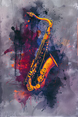 Vibrant image of a saxophone on an abstract background with blue, purple, and orange tones. Perfect for illustrating musical, artistic, and creative themes.. Generative AI.