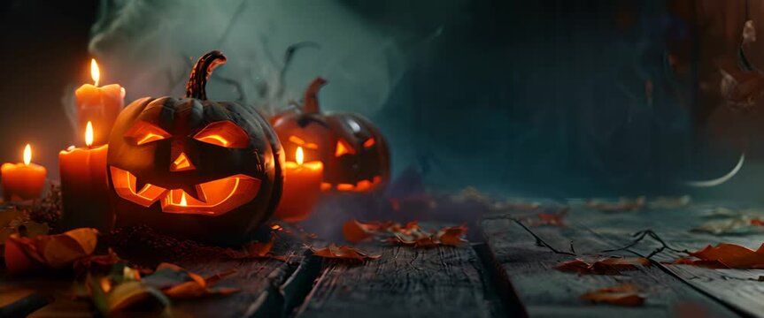 Halloween pumpkin head jack lantern with burning candles over wooden background. Halloween holidays art design, celebration
