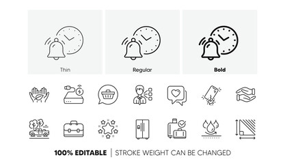 Triangle area, Portfolio and Alarm clock line icons. Pack of Waterproof, Power bank, Shopping cart icon. Fair trade, Stars, Refrigerator pictogram. Third party, Smartphone broken, Helping hand. Vector