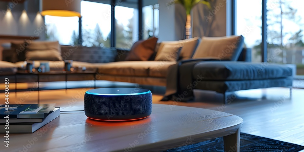 Poster a smart home managed entirely by agi responds to voice commands. concept agi, smart home, voice comm