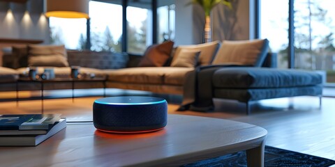 A smart home managed entirely by AGI responds to voice commands. Concept AGI, Smart Home, Voice Commands, Automation Technology