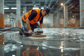 Worker Polishing Floor in Industrial Setting