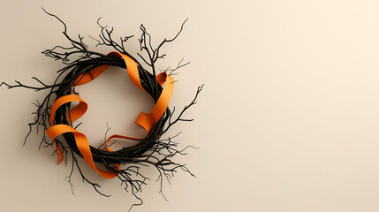 Autumn wreath with orange ribbons