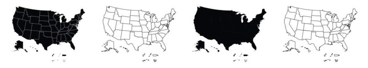 USA Map: Blank and Filled State Outlines for Graphic Design. USA Political Map Set - High Contrast and Outline Versions - Detailed States. © Maestro