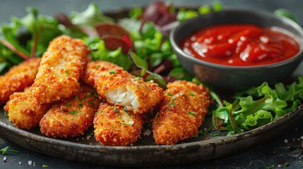Crispy Fish Sticks with Dipping Sauce: Served with Fresh Greens on Rustic Metal Tray