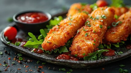 Fototapeta premium Crispy Fish Sticks with Dipping Sauce: Served with Fresh Greens on Rustic Metal Tray