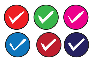 Check mark icon symbols set on white background. Checked icon or correct choice sign. Isolated tick symbols, checklist signs, approval badge. Vector illustration.
