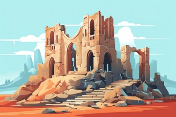 Illustration of ancient ruins in a desert with pastel skies, featuring crumbling stone structures and dramatic cloud formations in the background.