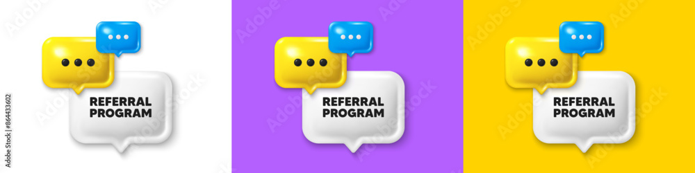 Poster chat speech bubble 3d icons. referral program tag. refer a friend sign. advertising reference symbol