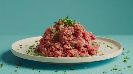 Plate of fresh minced meat garnished with herbs on turquoise background, culinary presentation concept