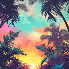 Obraz premium palm trees at sunset; summery tropical island with palm trees; sunset in warm country; blue and pink sky; romantic summer background; copy space for text