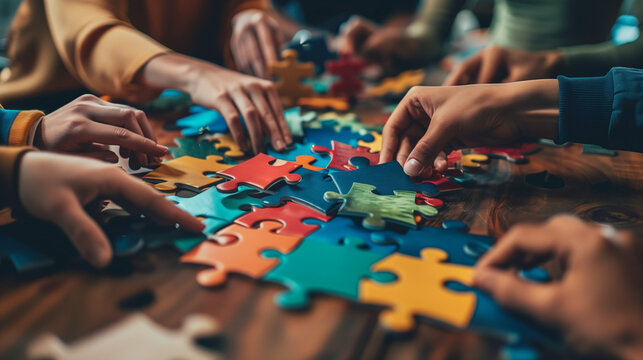 Company employees playing game and joining pieces of jigsaw puzzle during team building activity