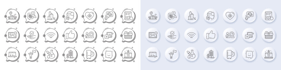 Augmented reality, Chemistry experiment and Internet report line icons. White pin 3d buttons, chat bubbles icons. Pack of Meditation eye, Remove image, Video conference icon. Vector
