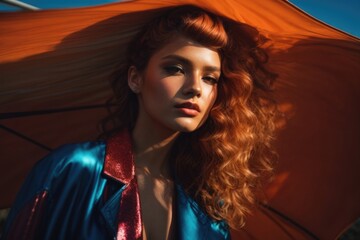 Fashionable beautiful young woman with high contrast shadow                                                                                                                                          