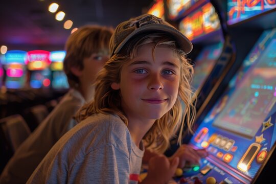 Two young boys enjoying a classic arcade game in a dimly lit gaming room with colorful screens in the background.