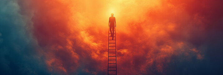 Climbing the Ladder: A person climbing a ladder towards a glowing light or star, symbolizing ambition, progress, and reaching new heights.