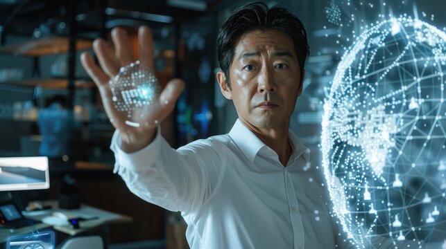 Man interacting with futuristic holographic globe interface in a high-tech office setting.
