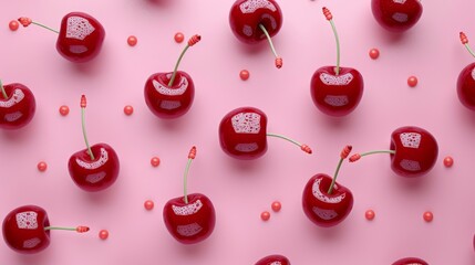 Pattern of red cherries and candy on pastel pink background, whimsical and vibrant concept