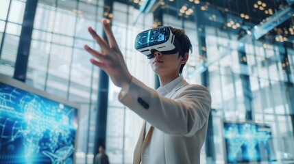 Businessman using virtual reality headset for data analysis in a futuristic office building, merging technology and commerce seamlessly.
