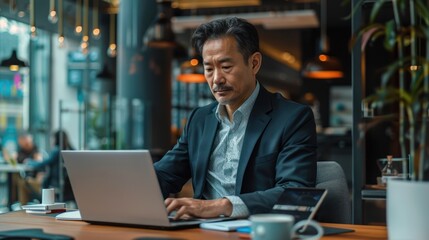 Businessman working on laptop in a modern office setting with coffee and a phone on the desk. Professional and focused.
