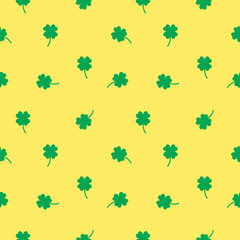 Lucky Four leaf green clovers seamless pattern, yellow and green background texture