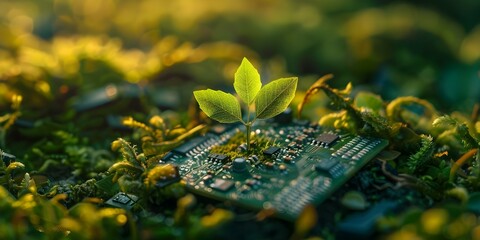 Computer chip symbolizes new life blending technology and nature in ecofriendly way. Concept Technology, Nature, Eco-friendly, Innovation, Sustainable Development