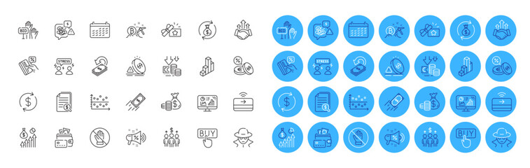 Fototapeta premium Loyalty gift, Corrupt and Coins bag line icons pack. Salary, Difficult stress, Deflation web icon. Deal, Currency exchange, Sale megaphone pictogram. Bitcoin mining, Credit card, Bid offer. Vector