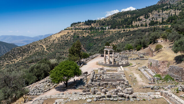 Aerial bird's eye view photo taken by drone of archaeological site of ancient Delphi, site of temple of Apollo and the Oracle, Voiotia, Greece