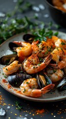 Close-up of Grilled Shrimp and Mussels.