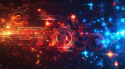 Futuristic Technology Background with Glowing Gears and Circuitry. Concept of Innovation, Engineering, and Digital Transformation