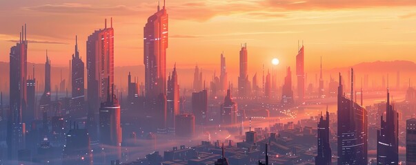 Futuristic cityscape at sunrise with towering skyscrapers and mist, panoramic view. Urban development and sci-fi concept