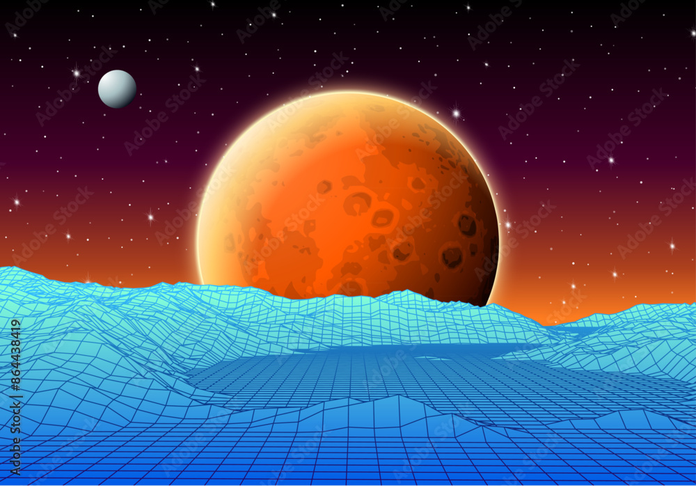 Poster retro futuristic landscape with mountains and sun in deep space. 80s styled synthwve landscape with 