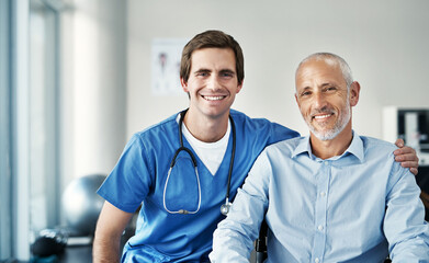 Doctor, patient and portrait with smile in hospital for support, healthcare and wellness. Medical professional or expert, happy and elderly man with dementia or Alzheimers in clinic for treatment
