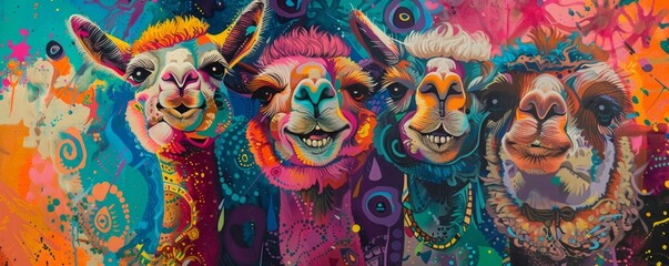 Obraz premium Joyful Alpaca Grinning at Colorful Carnival - Vibrant Oil Painting Capturing Exciting Moments