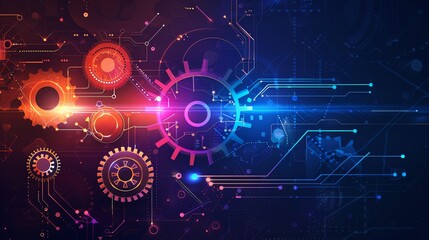 Fototapeta premium Abstract Technology Background with Gears and Circuitry. Concepts. Innovation, Digital Transformation, Engineering, and Industry 4.0