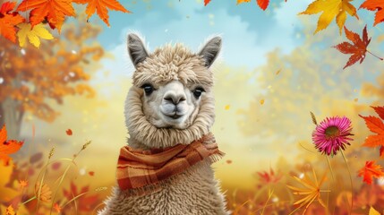 Cheerful Alpaca with Autumn Harvest Background Holding Aster - Vibrant Illustration