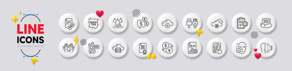 Waterproof, Computer cables and Safe water line icons. White buttons 3d icons. Pack of Coronavirus report, Money currency, Qr code icon. Vector