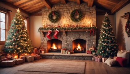 Fototapeta premium A warm, inviting Christmas living room interior with a large, decorated Christmas tree, a crackling fireplace, and red and green holiday accents throughout the space