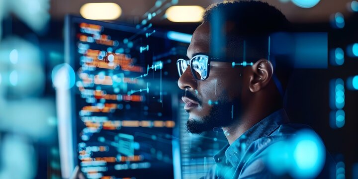 Software engineer leverages digital technology to enhance business operations through coding and analysis. Concept Software Development, Business Operations, Coding, Data Analysis, Digital Technology