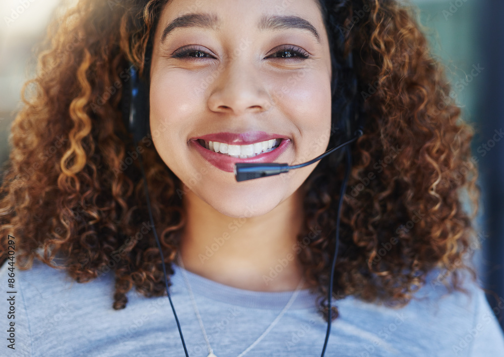 Poster Black woman, portrait and happy in call center with headset for customer service, crm and consulting. Agent, headphones and communication with clients for question, information or technical support